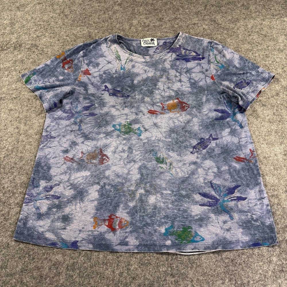 Vtg Copa Cabana Shirt Womens Extra Large Blue Tie Dye‎ Fish Ocean Made USA 90s